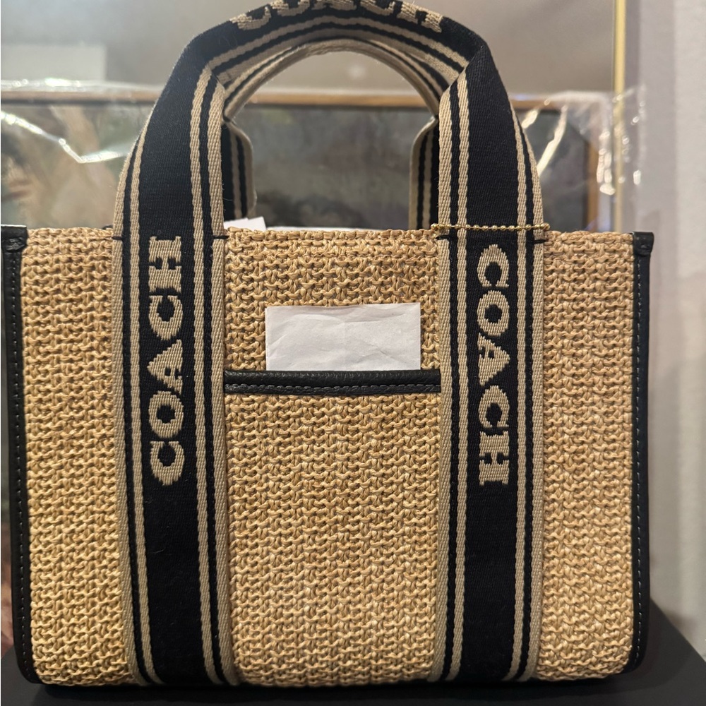BRAND NEW Coach Smith Tote Bag in Woven Tan and Black Raffia